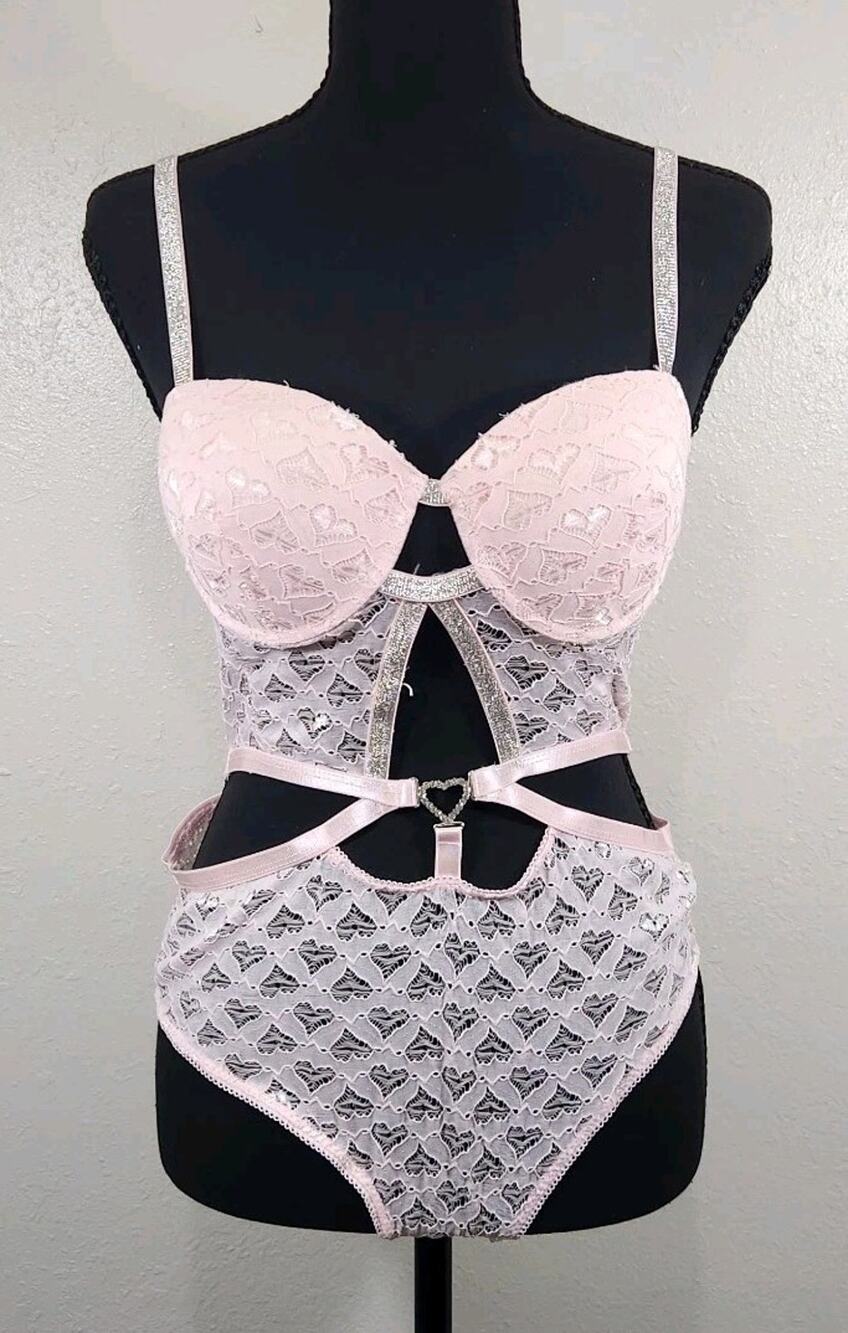Coquette Pink Lingerie Large Teddy Bodysuit Sexy Lace Sheer Romantic Girly Spicy